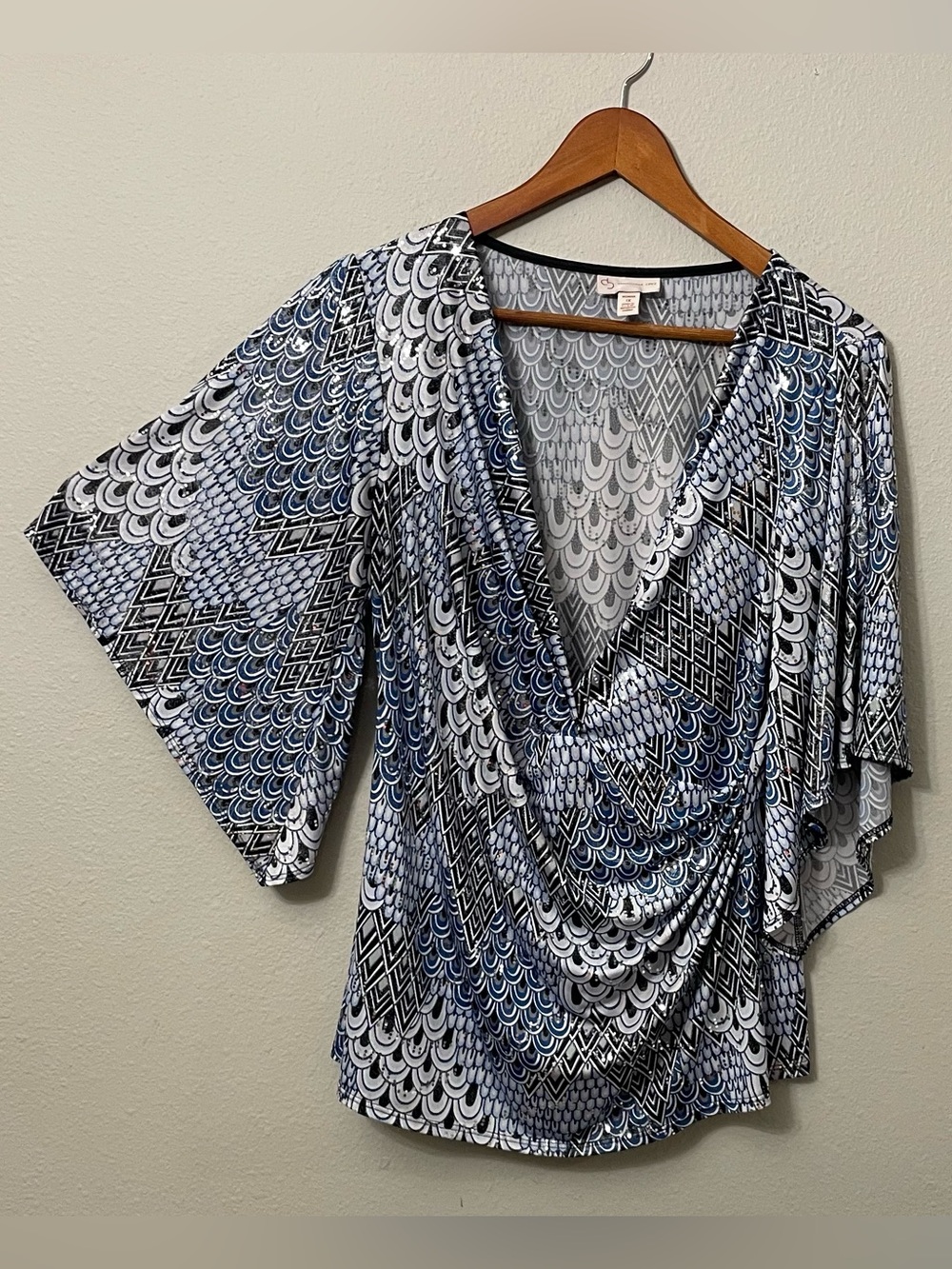 CB Established 1962 1X Blue Black Embellished Faux Wrap Top
